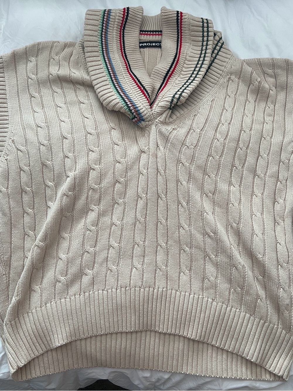 Y/Project Cream Cable-Knit Shawl Collar Sweater Vest with Multi-Color Trim Med